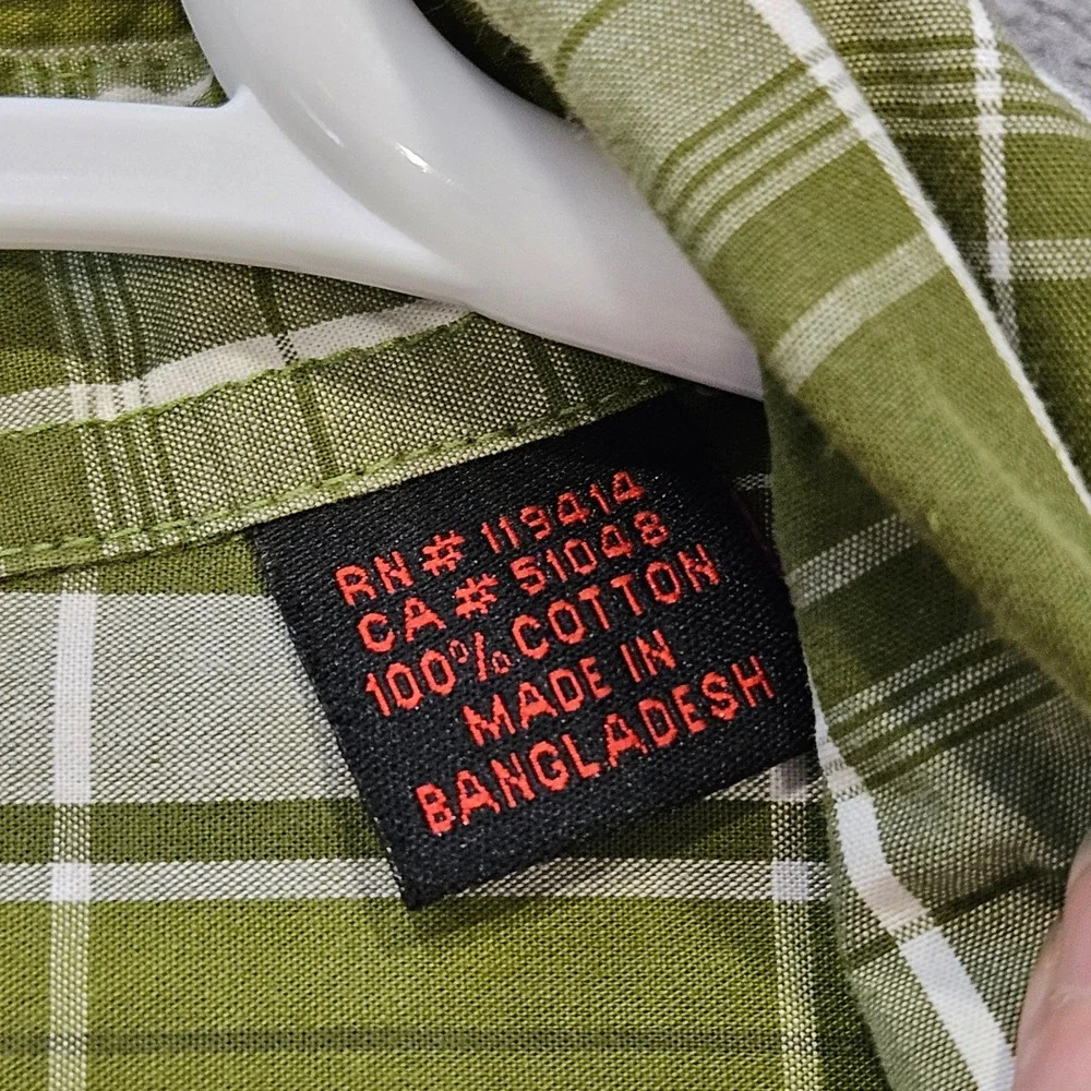 Wolverine Mens Green Plaid Short Sleeve Button Down Work Shirt Large 100% Cotton